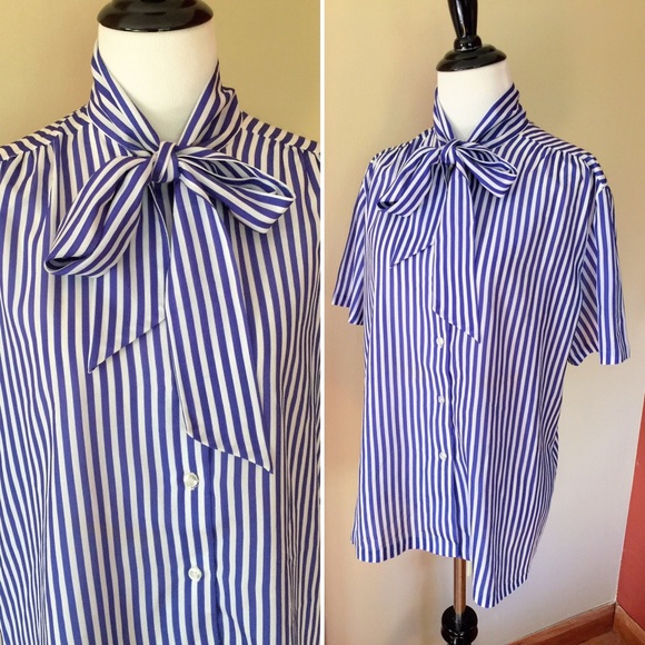 Vintage Tops - Vintage blue white striped shirt with bow tie